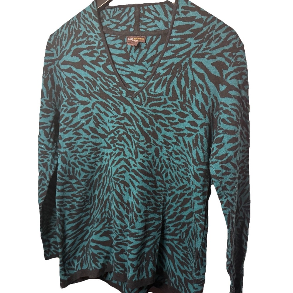 Dana Buchman Women's Long Sleeve Teal Animal Print Sweater 100% Cotton Size M - Picture 3 of 8